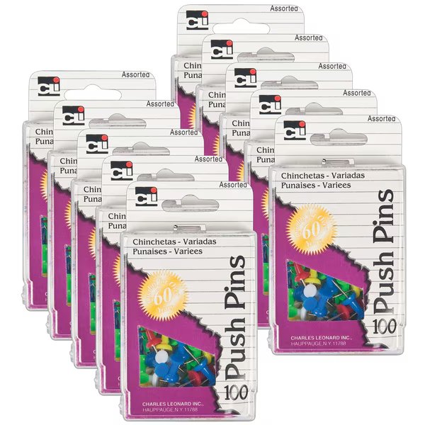 Push Pins, Assorted Colors, PK1000, Charles Leonard, Mfr#: 200AR